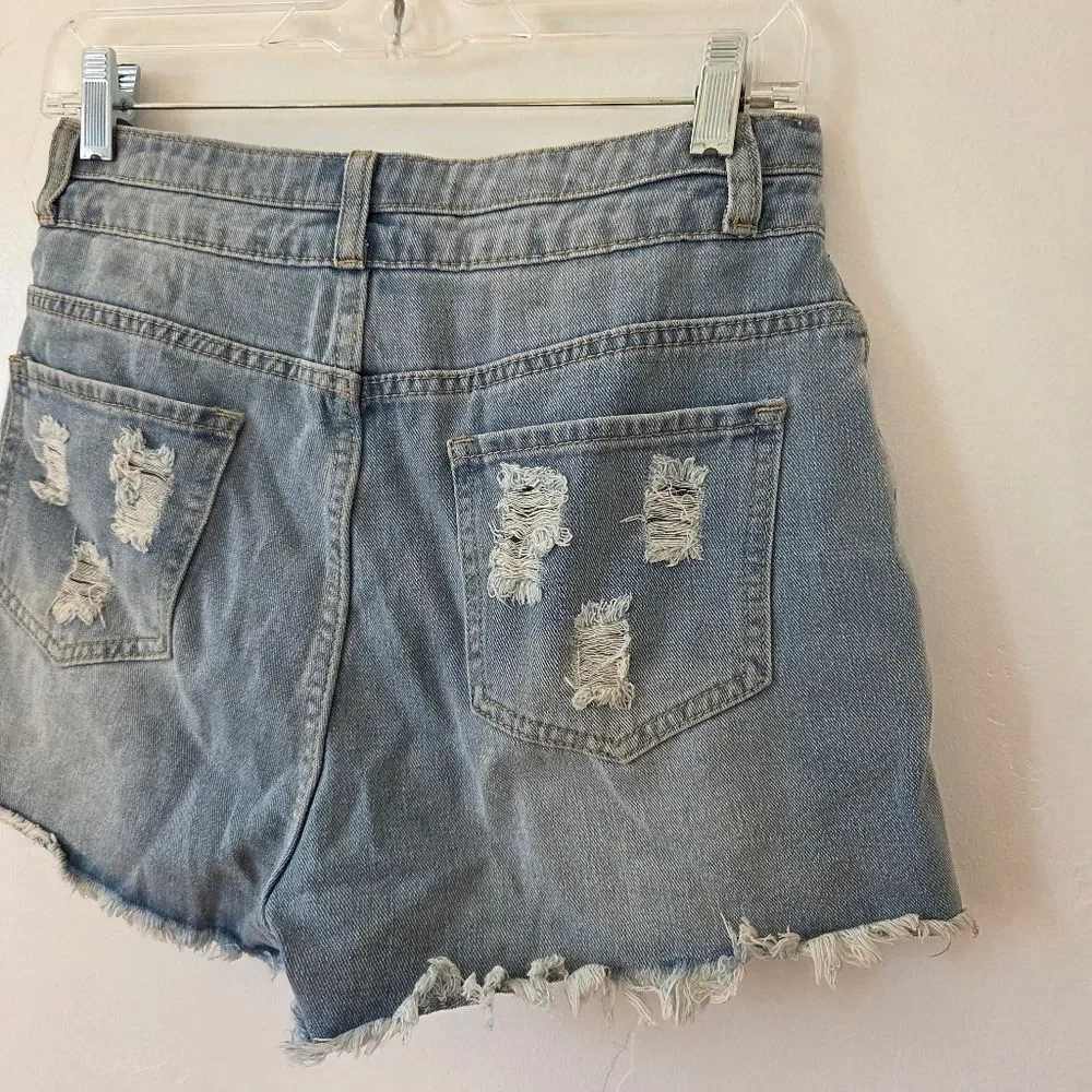 Distressed Denim Booty Short Shorts Daisy Duke Ripped High Waist Medium Wash 28
